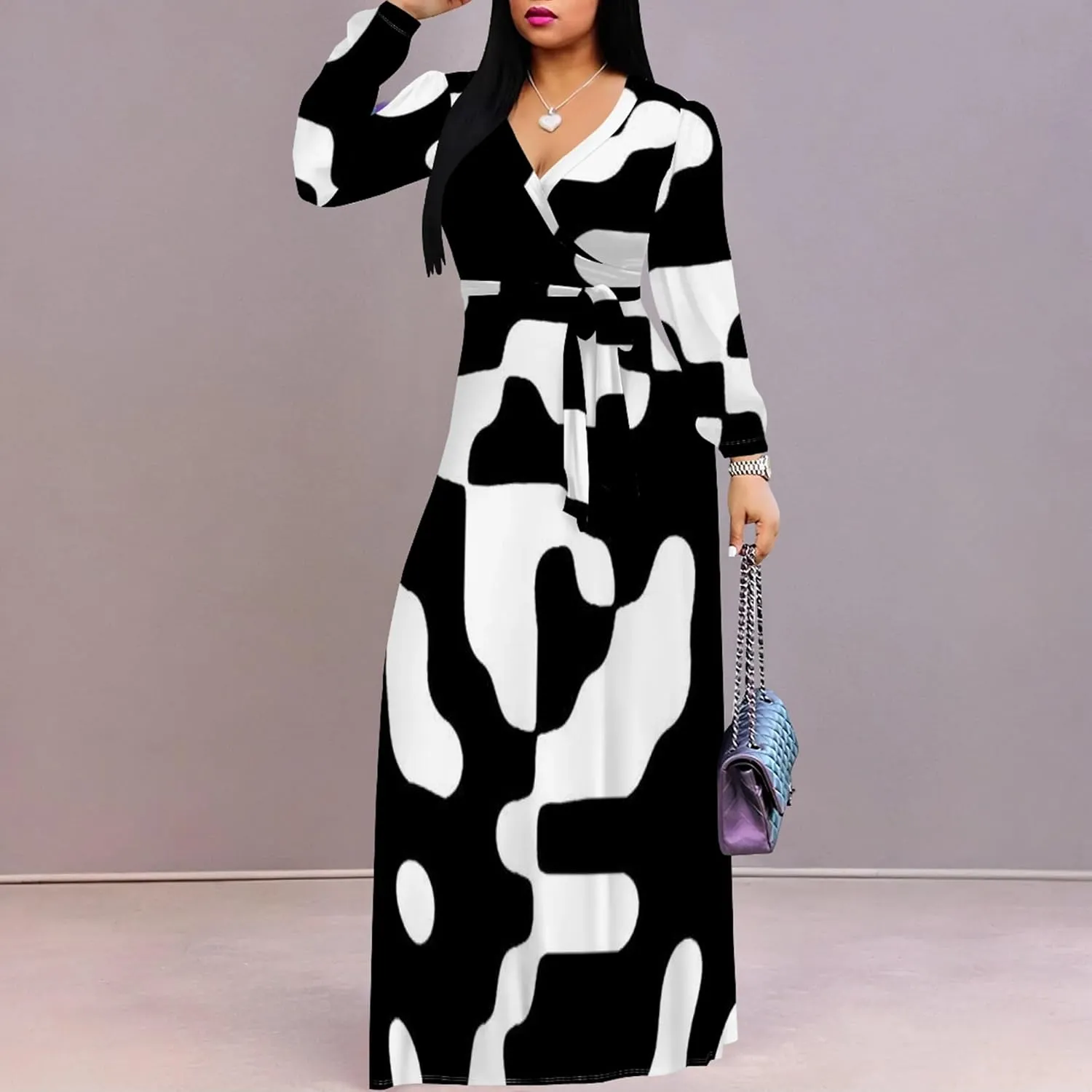 Women's 2024 Fall Boho Maxi Dress Casual Long Sleeve V Neck Printed Beach Relaxed Fit Floral Flowy Tiered Cocktail Dresses