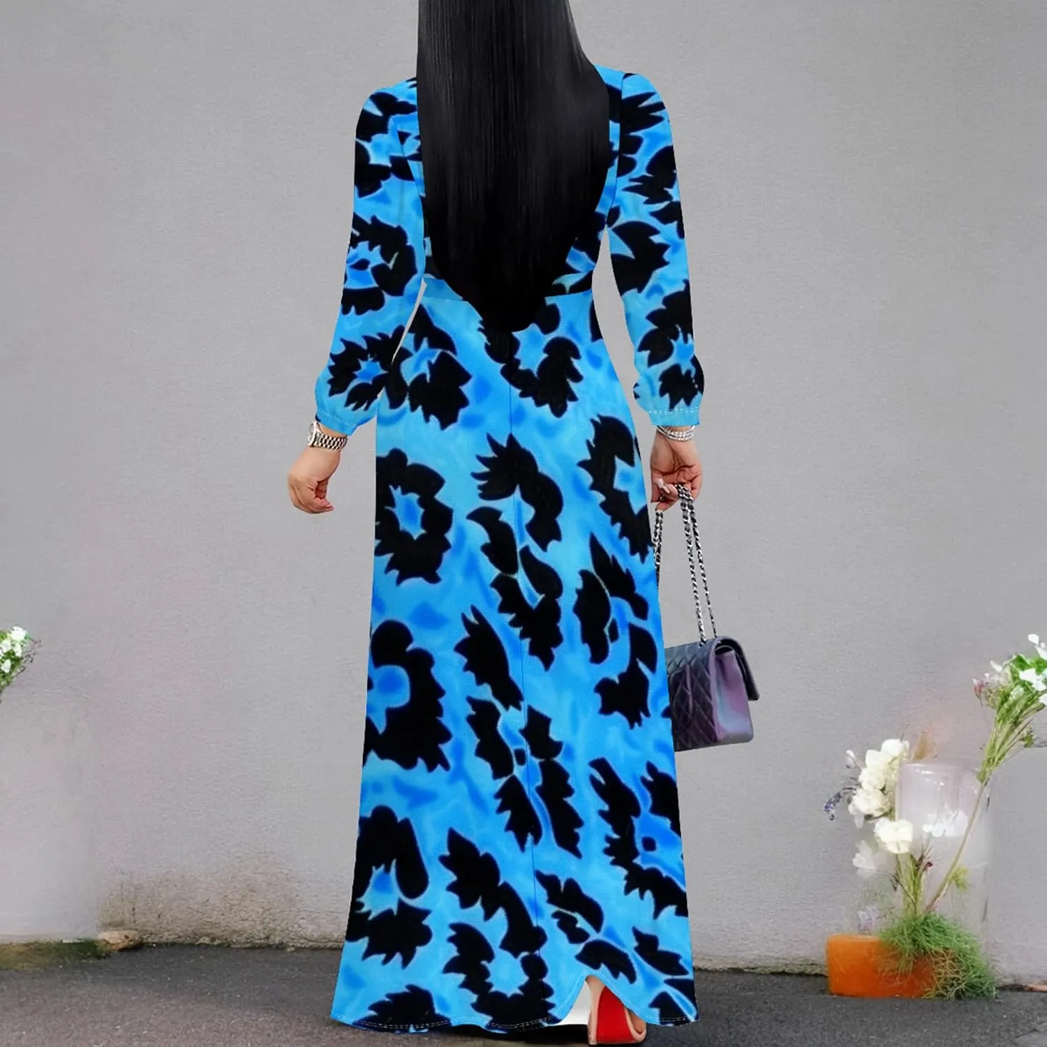 Women's 2024 Fall Boho Maxi Dress Casual Long Sleeve V Neck Printed Beach Relaxed Fit Floral Flowy Tiered Cocktail Dresses