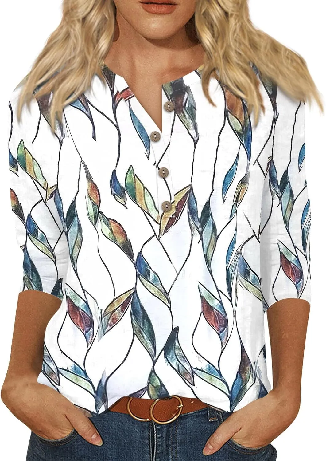 Womens 3/4 Length Sleeve Tops Casual Henley Summer Shirts Loose Fit Three Quarter Length Sleeve Blouses