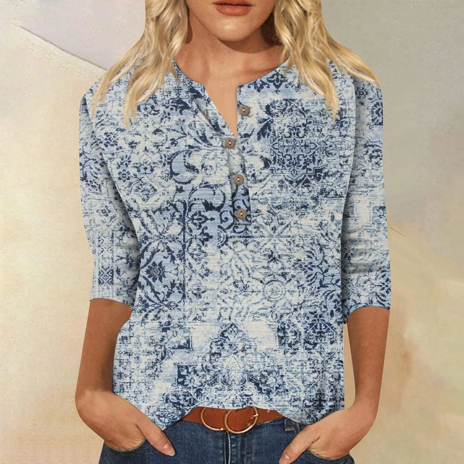 Womens 3/4 Length Sleeve Tops Casual Henley Summer Shirts Loose Fit Three Quarter Length Sleeve Blouses