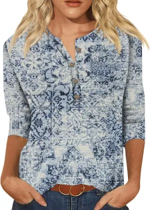 Womens 3/4 Length Sleeve Tops Casual Henley Summer Shirts Loose Fit Three Quarter Length Sleeve Blouses