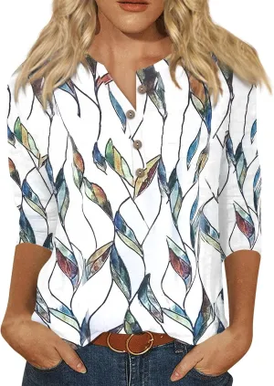 Womens 3/4 Length Sleeve Tops Casual Henley Summer Shirts Loose Fit Three Quarter Length Sleeve Blouses