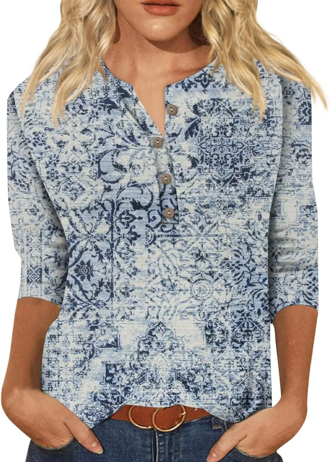Womens 3/4 Length Sleeve Tops Casual Henley Summer Shirts Loose Fit Three Quarter Length Sleeve Blouses