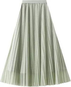 Women's A-Line Pleated Tulle Skirt Elegant Midi Tulle Skirt Casual Dressy Swing Flowy Skirts 2025 Summer Clothes