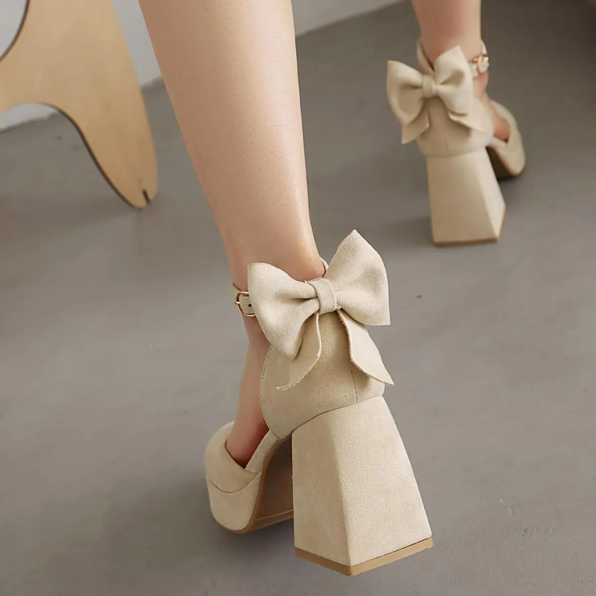 Women's Block Heel Square Toe Bow Pumps Ankle Strap Platform Heel Pumps Bowknot Mary Jane