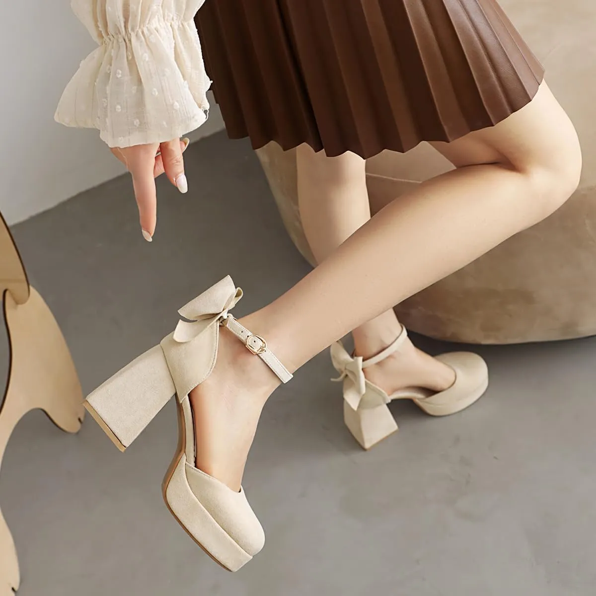 Women's Block Heel Square Toe Bow Pumps Ankle Strap Platform Heel Pumps Bowknot Mary Jane