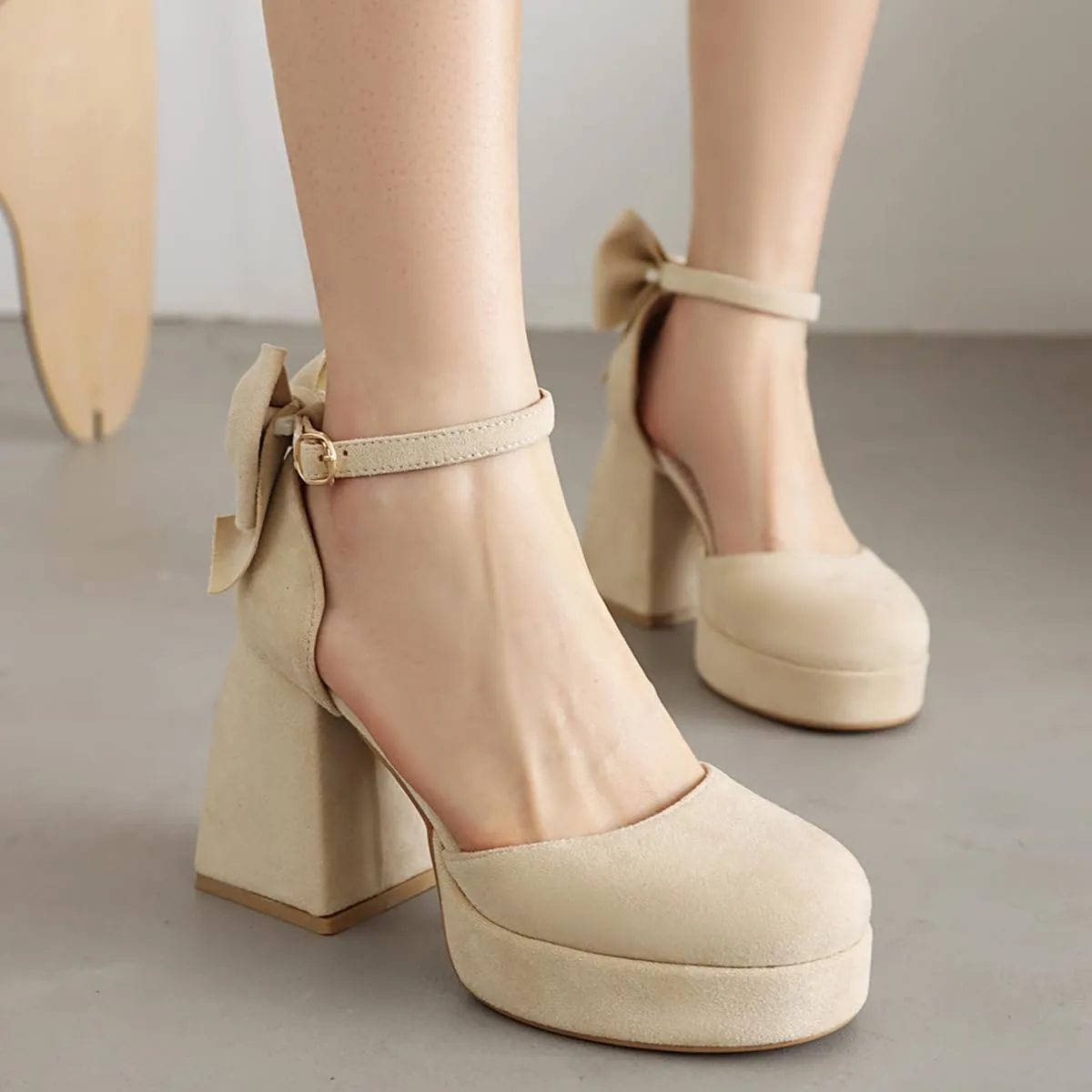 Women's Block Heel Square Toe Bow Pumps Ankle Strap Platform Heel Pumps Bowknot Mary Jane