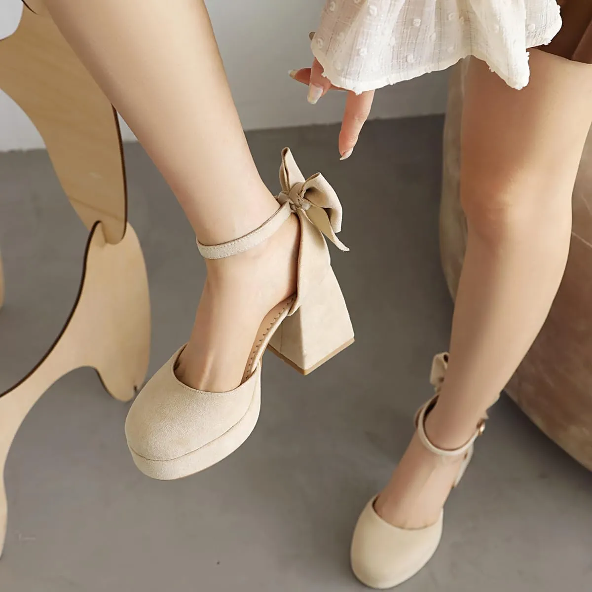 Women's Block Heel Square Toe Bow Pumps Ankle Strap Platform Heel Pumps Bowknot Mary Jane