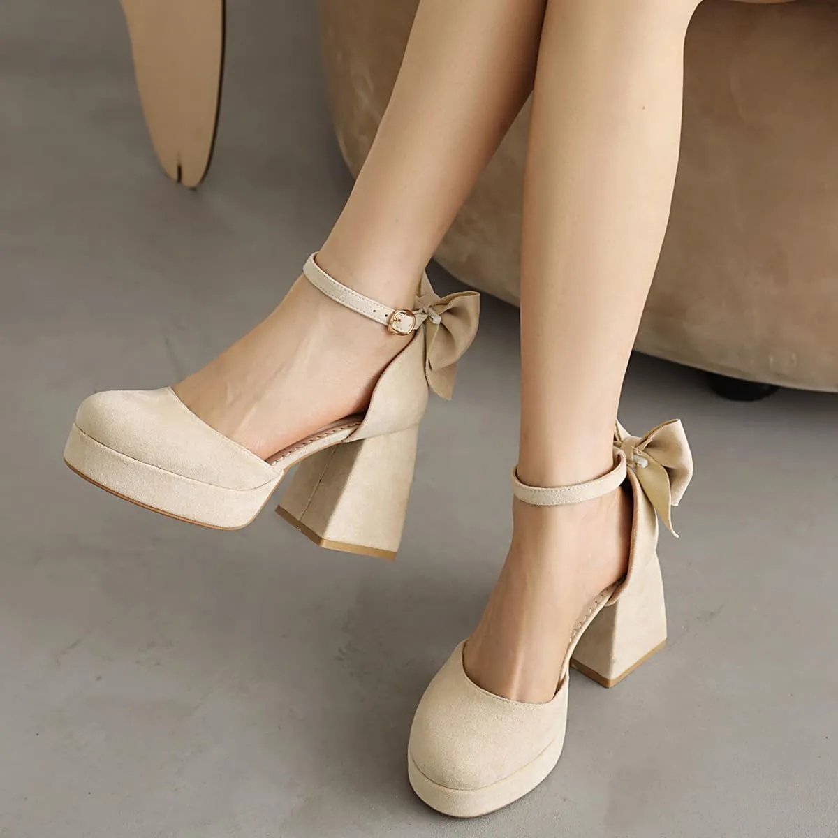 Women's Block Heel Square Toe Bow Pumps Ankle Strap Platform Heel Pumps Bowknot Mary Jane