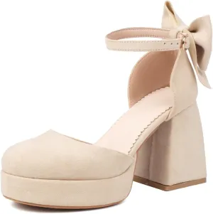 Women's Block Heel Square Toe Bow Pumps Ankle Strap Platform Heel Pumps Bowknot Mary Jane