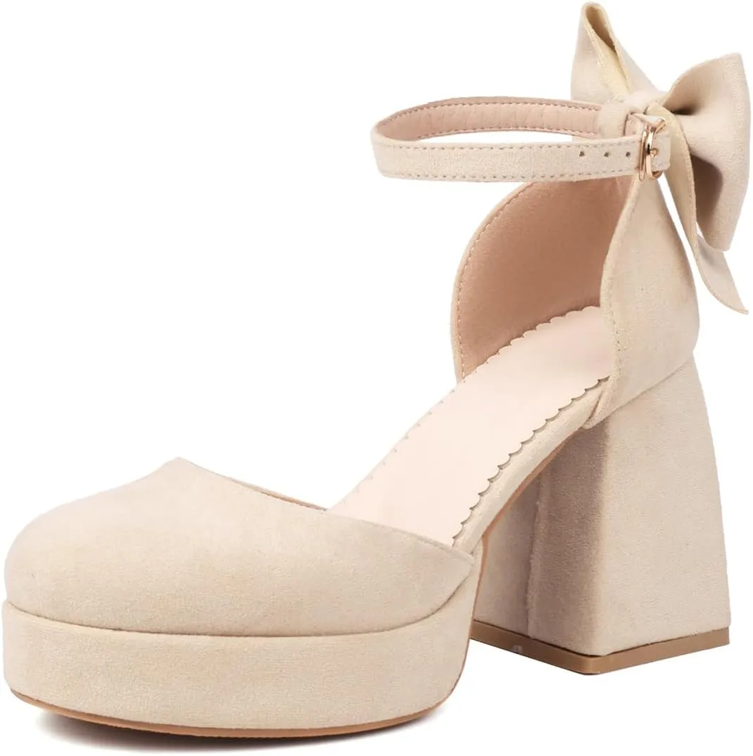 Women's Block Heel Square Toe Bow Pumps Ankle Strap Platform Heel Pumps Bowknot Mary Jane
