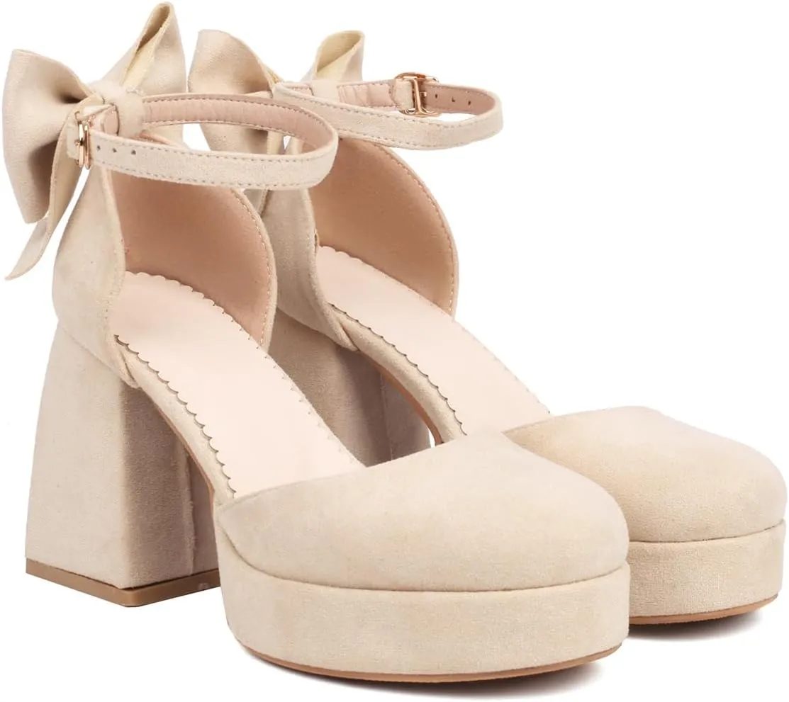Women's Block Heel Square Toe Bow Pumps Ankle Strap Platform Heel Pumps Bowknot Mary Jane