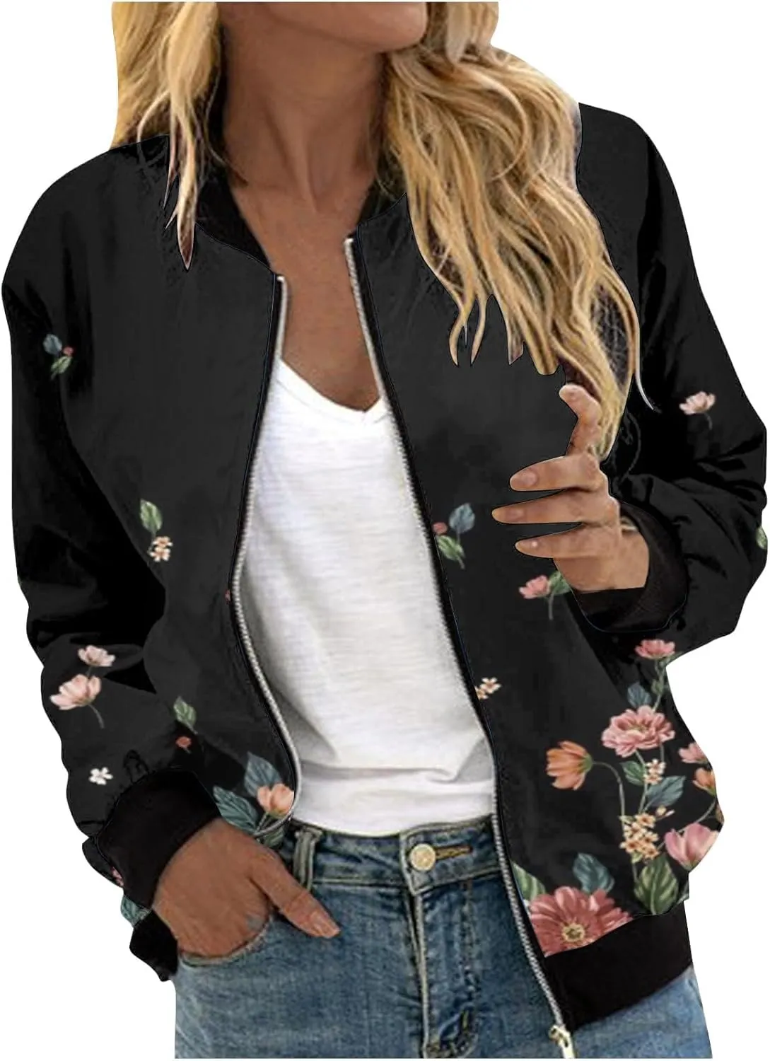 Women's Bomber Jacket Casual Coat Thin Pocket Jacket Blouse Coat Baseball Top Women's Baseball Jacket Floral Fall