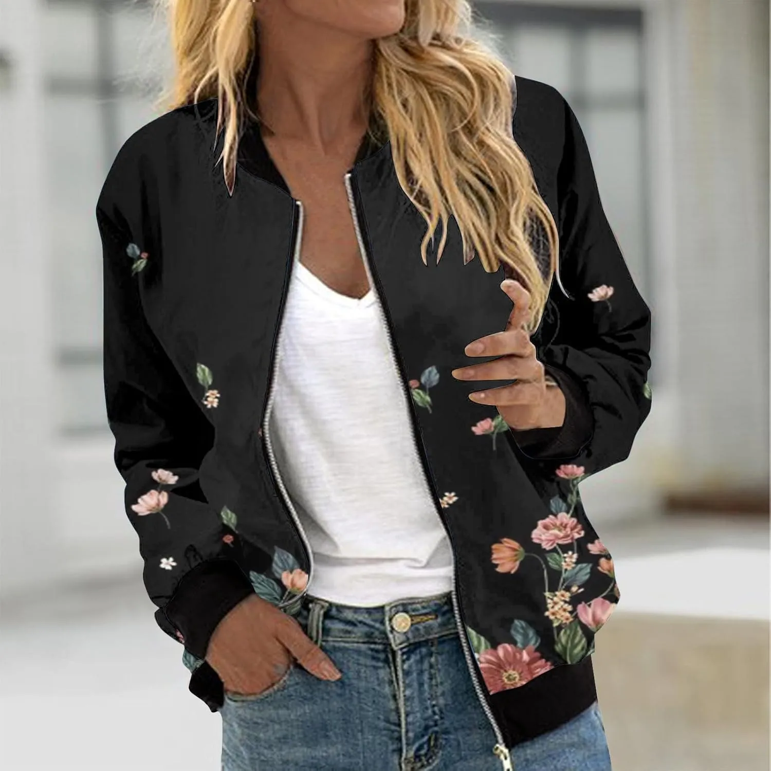 Women's Bomber Jacket Casual Coat Thin Pocket Jacket Blouse Coat Baseball Top Women's Baseball Jacket Floral Fall