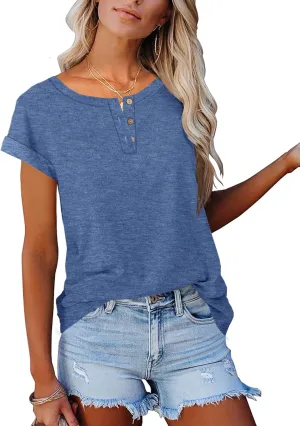 Women's Casual Short Sleeve T-Shirts Summer Basic Crew Neck Henley Shirts