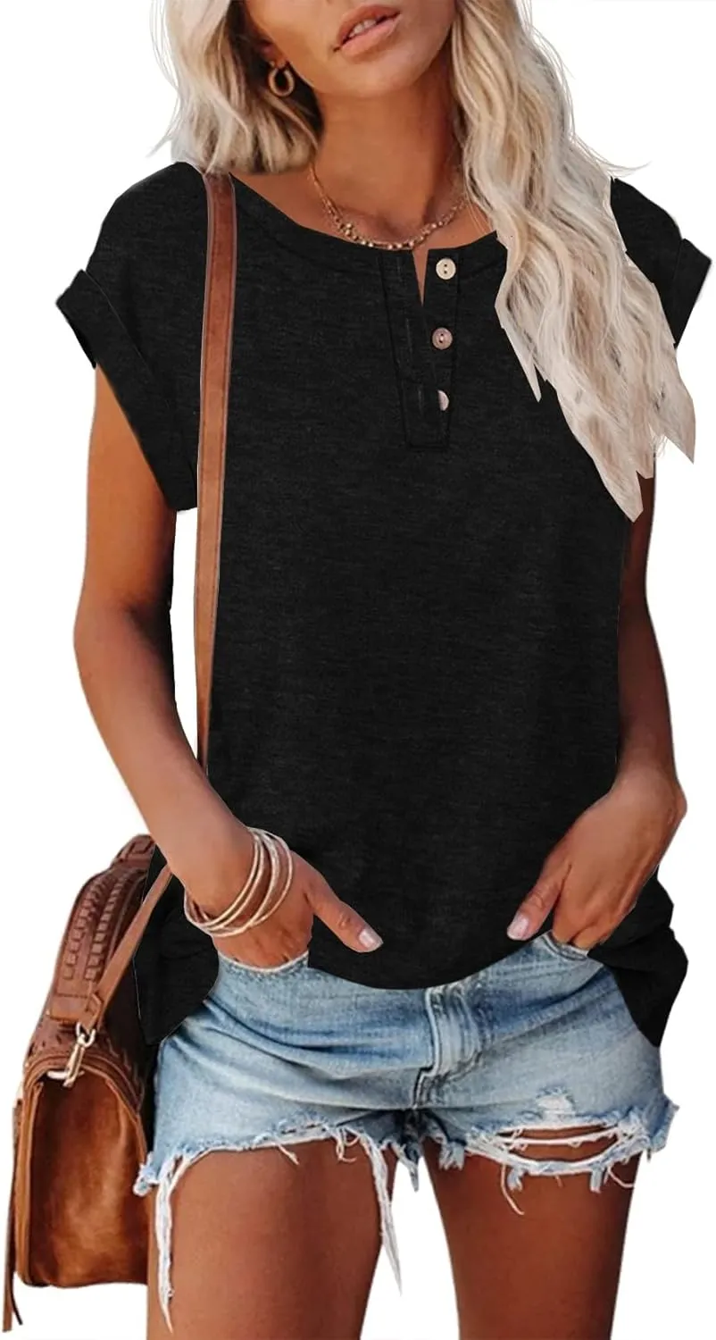 Women's Casual Short Sleeve T-Shirts Summer Basic Crew Neck Henley Shirts