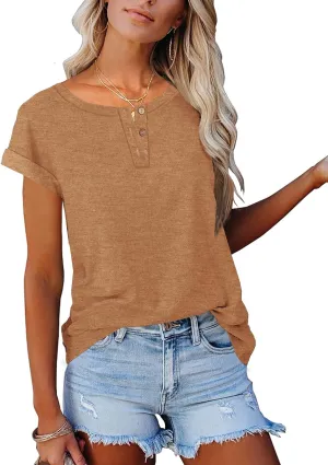Women's Casual Short Sleeve T-Shirts Summer Basic Crew Neck Henley Shirts