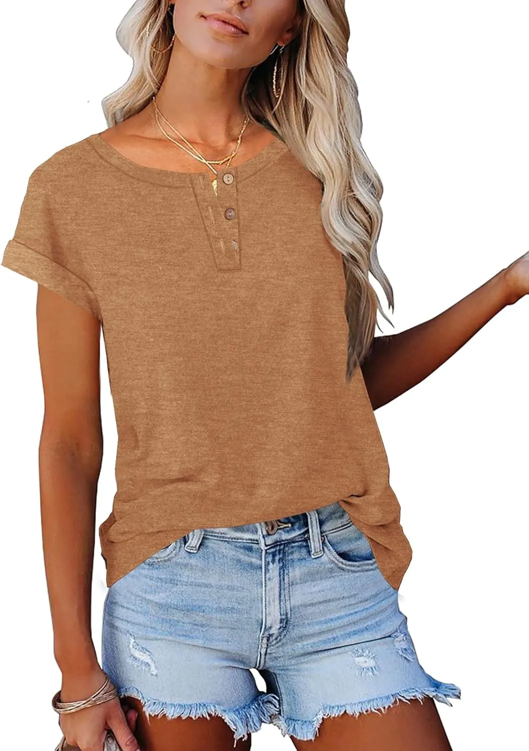 Women's Casual Short Sleeve T-Shirts Summer Basic Crew Neck Henley Shirts