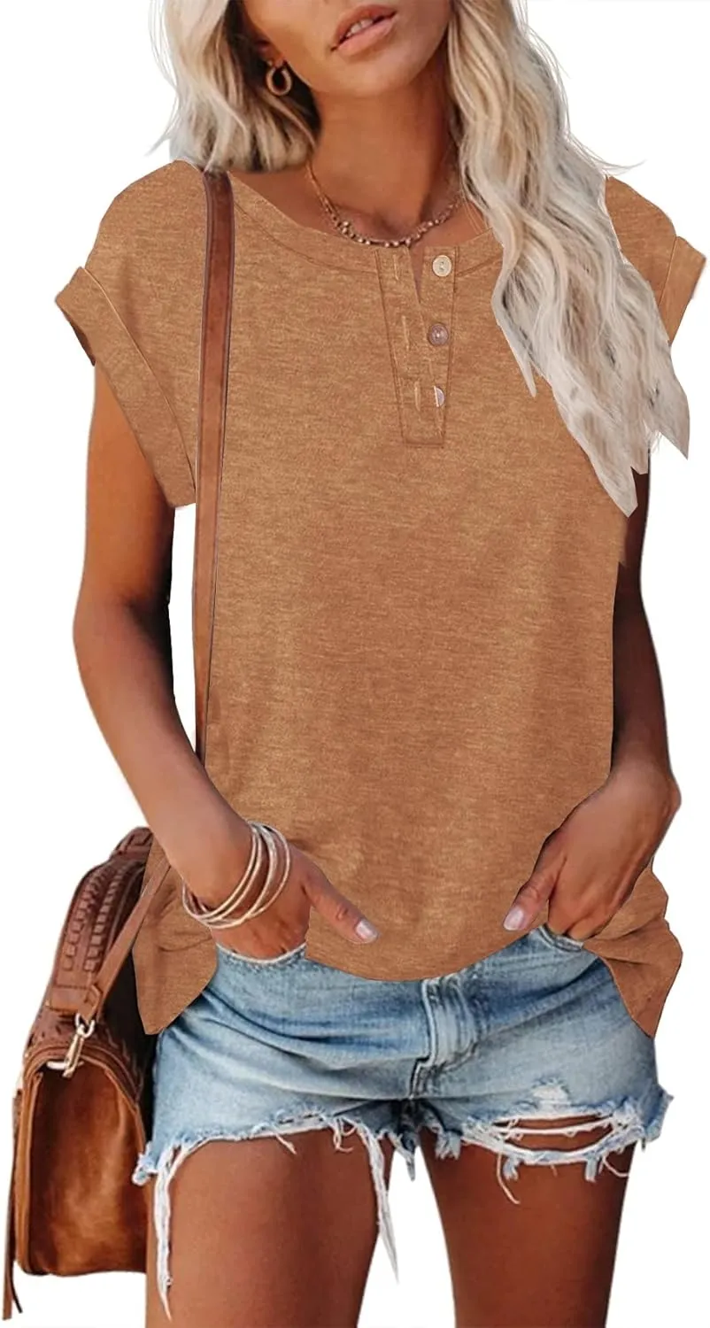 Women's Casual Short Sleeve T-Shirts Summer Basic Crew Neck Henley Shirts
