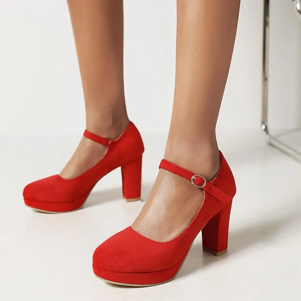 Women's Chunky High Heels Pumps Shoes Round Toe Platform Suede Buckle Strap Mary Jane Dressy Shoe