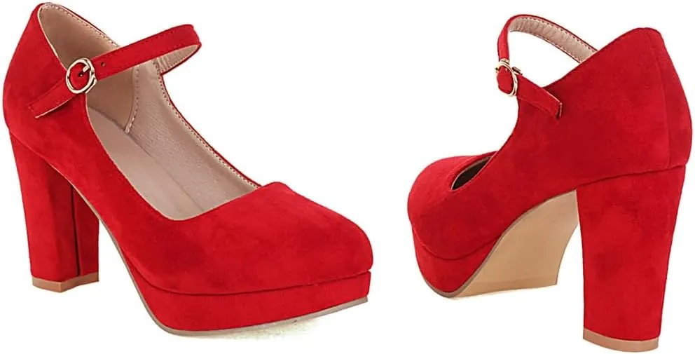 Women's Chunky High Heels Pumps Shoes Round Toe Platform Suede Buckle Strap Mary Jane Dressy Shoe