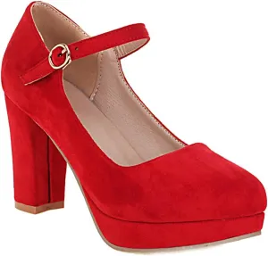 Women's Chunky High Heels Pumps Shoes Round Toe Platform Suede Buckle Strap Mary Jane Dressy Shoe