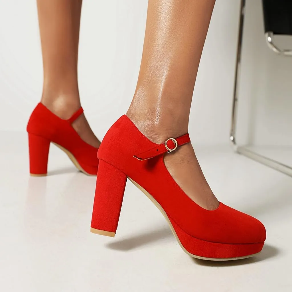 Women's Chunky High Heels Pumps Shoes Round Toe Platform Suede Buckle Strap Mary Jane Dressy Shoe