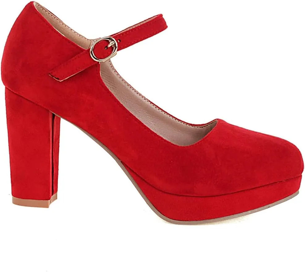 Women's Chunky High Heels Pumps Shoes Round Toe Platform Suede Buckle Strap Mary Jane Dressy Shoe
