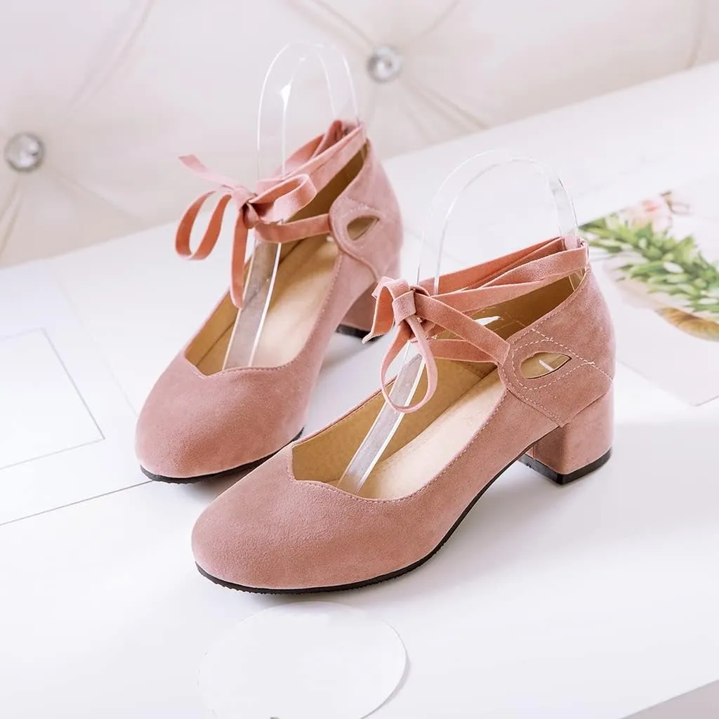 Women's Chunky Mid Block Heel Pumps Suede Square Toe Ankle Strap Comfortable Office Dress Shoes