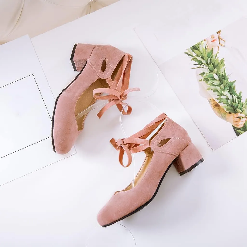 Women's Chunky Mid Block Heel Pumps Suede Square Toe Ankle Strap Comfortable Office Dress Shoes
