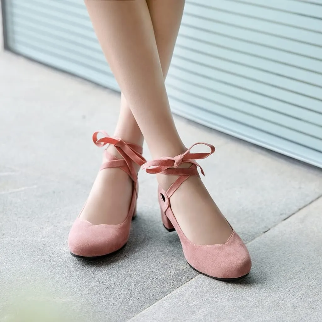 Women's Chunky Mid Block Heel Pumps Suede Square Toe Ankle Strap Comfortable Office Dress Shoes