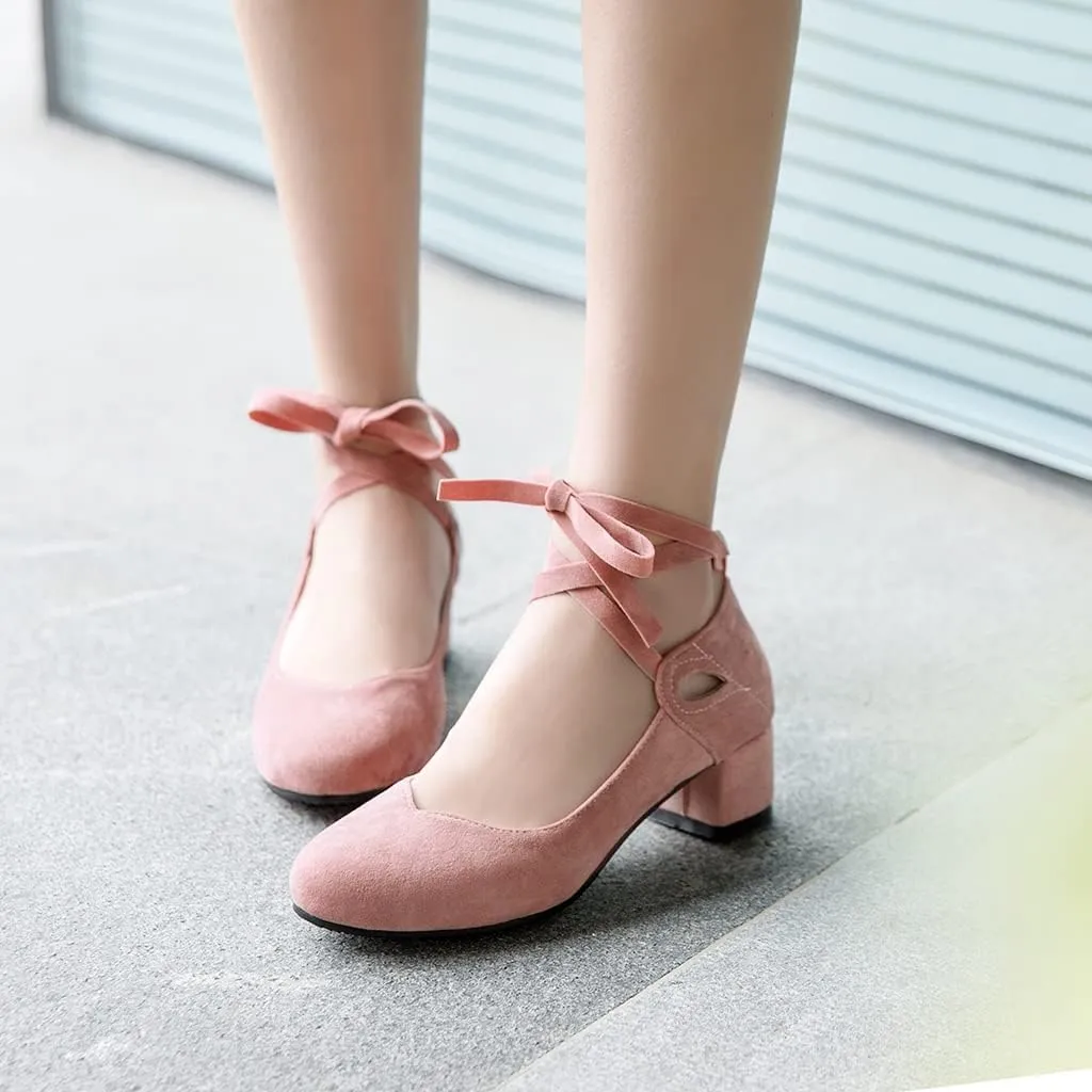 Women's Chunky Mid Block Heel Pumps Suede Square Toe Ankle Strap Comfortable Office Dress Shoes