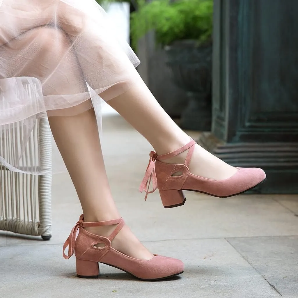 Women's Chunky Mid Block Heel Pumps Suede Square Toe Ankle Strap Comfortable Office Dress Shoes