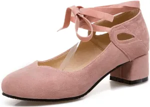 Women's Chunky Mid Block Heel Pumps Suede Square Toe Ankle Strap Comfortable Office Dress Shoes