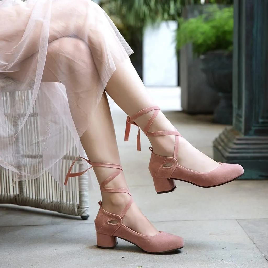 Women's Chunky Mid Block Heel Pumps Suede Square Toe Ankle Strap Comfortable Office Dress Shoes