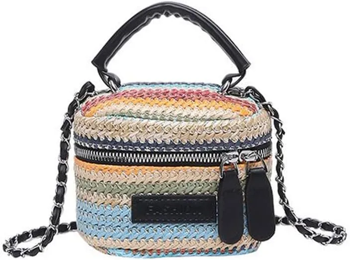 Women's Colorful Straw Crossbody Bag with Chain Strap Stylish Versatile Handbags