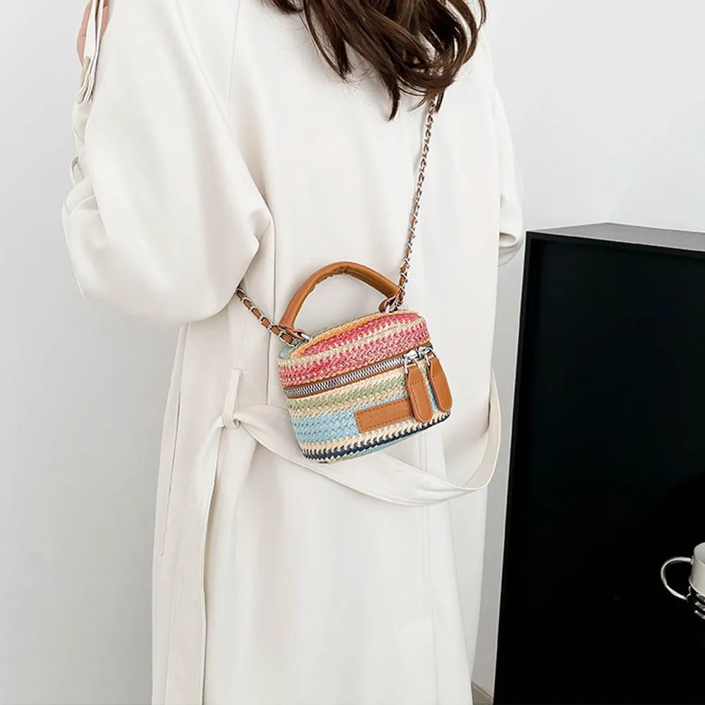 Women's Colorful Straw Crossbody Bag with Chain Strap Stylish Versatile Handbags