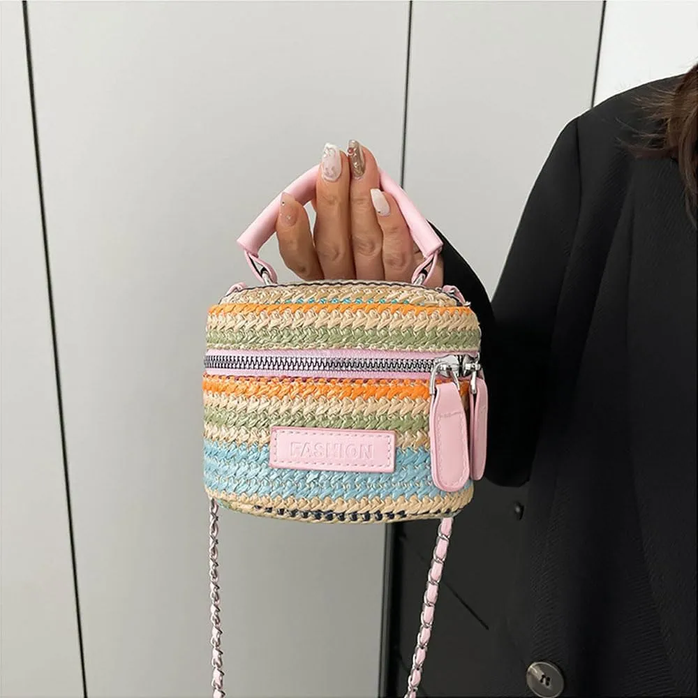 Women's Colorful Straw Crossbody Bag with Chain Strap Stylish Versatile Handbags