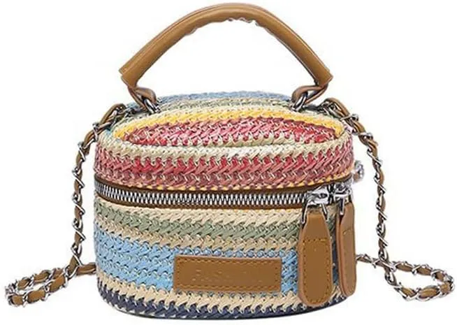 Women's Colorful Straw Crossbody Bag with Chain Strap Stylish Versatile Handbags