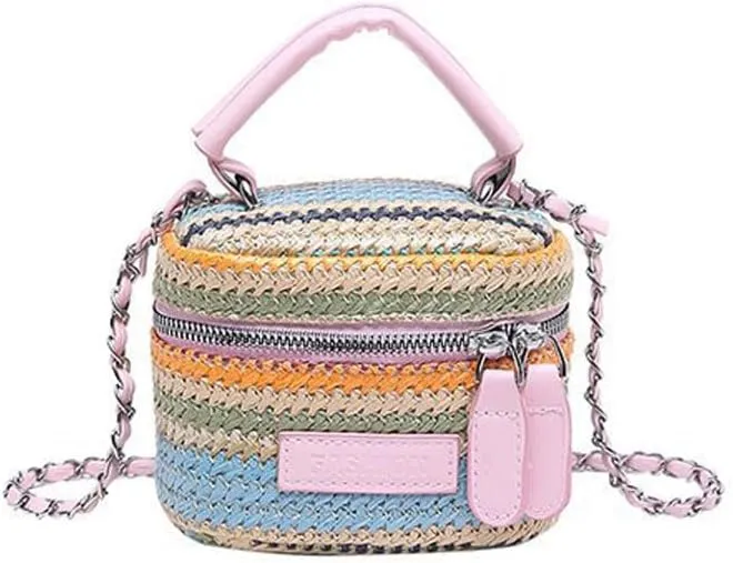 Women's Colorful Straw Crossbody Bag with Chain Strap Stylish Versatile Handbags