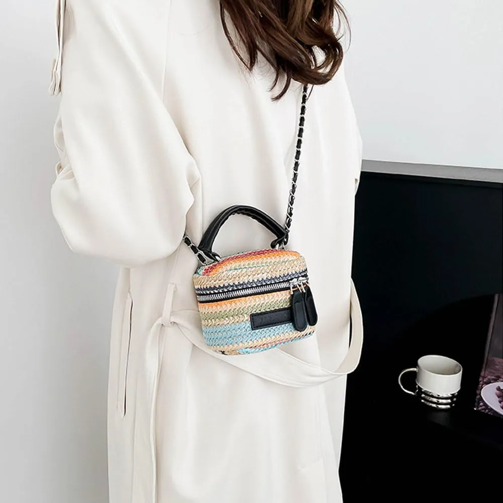 Women's Colorful Straw Crossbody Bag with Chain Strap Stylish Versatile Handbags