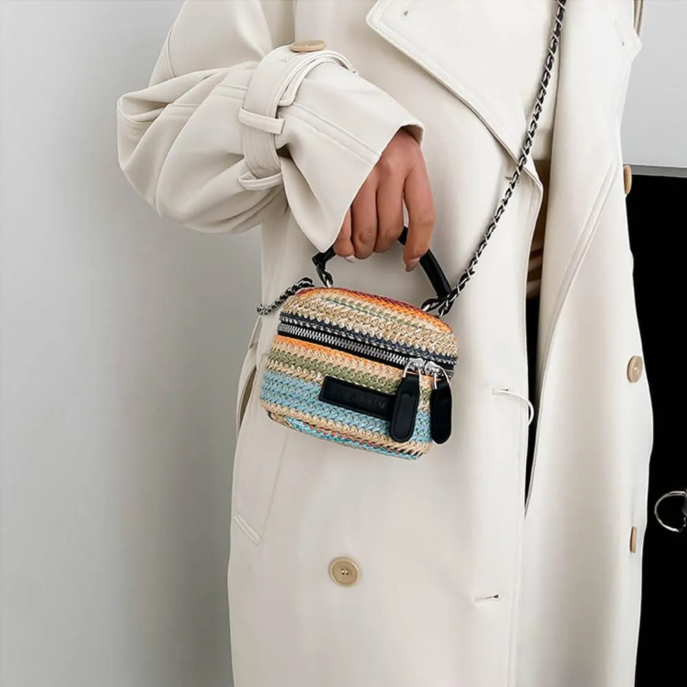 Women's Colorful Straw Crossbody Bag with Chain Strap Stylish Versatile Handbags