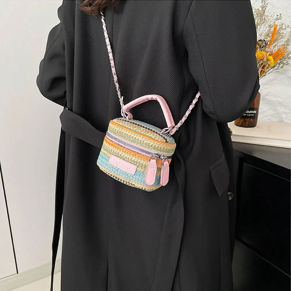 Women's Colorful Straw Crossbody Bag with Chain Strap Stylish Versatile Handbags