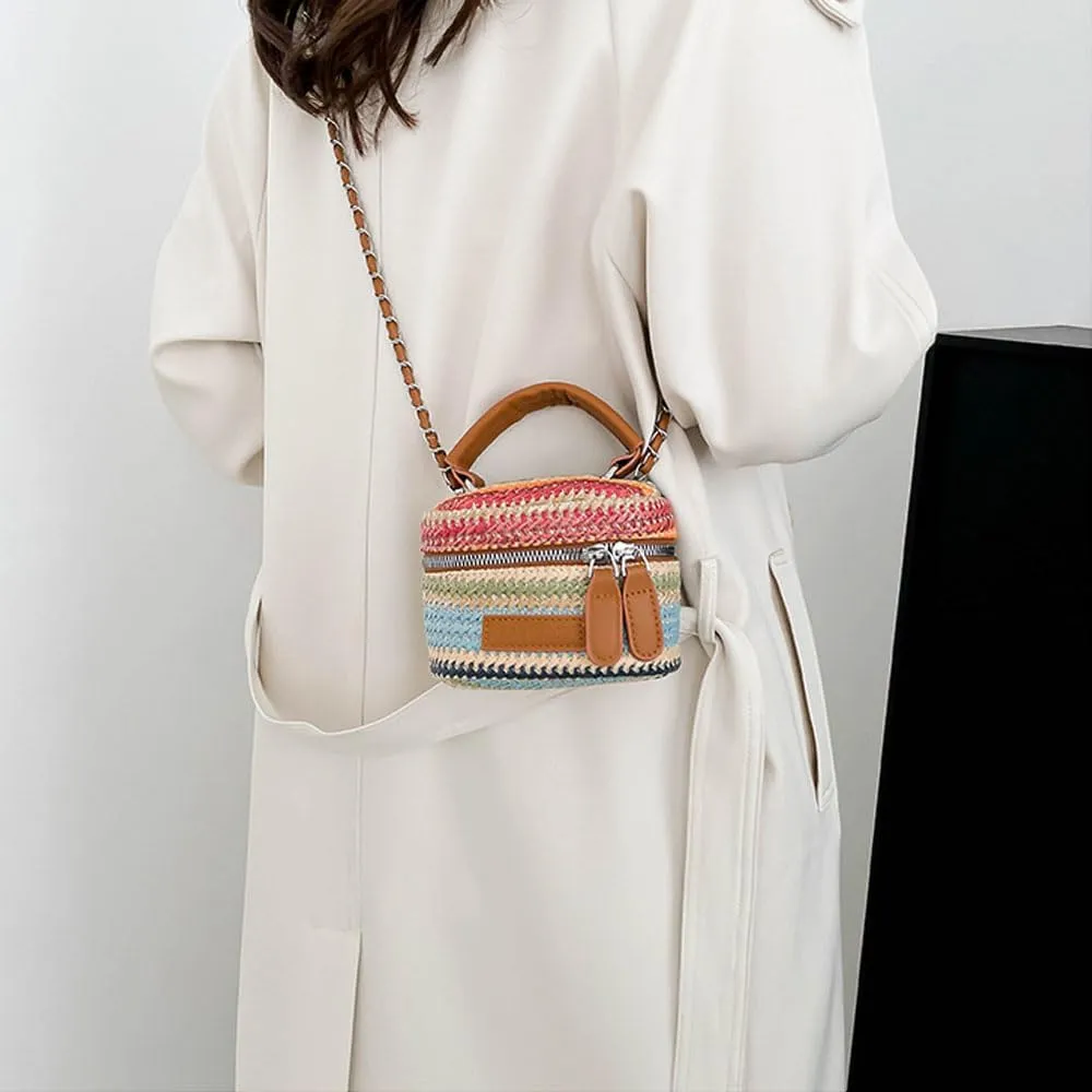 Women's Colorful Straw Crossbody Bag with Chain Strap Stylish Versatile Handbags