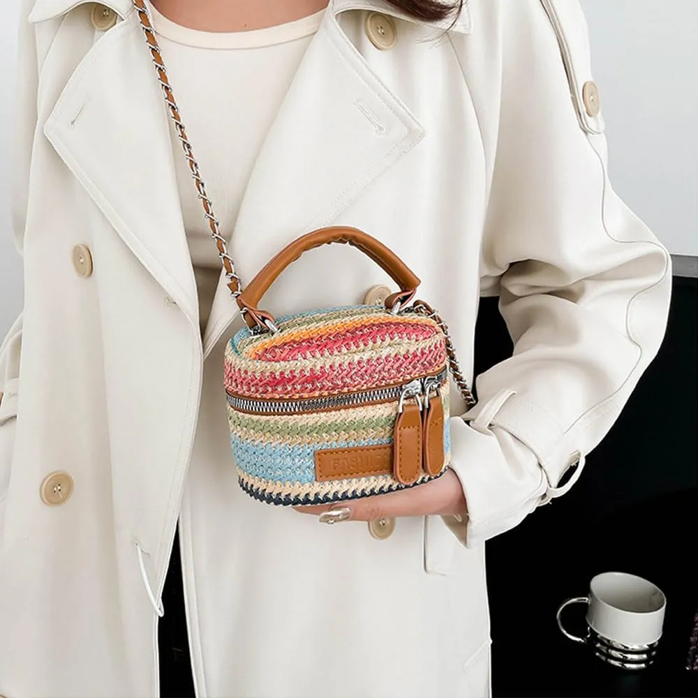 Women's Colorful Straw Crossbody Bag with Chain Strap Stylish Versatile Handbags