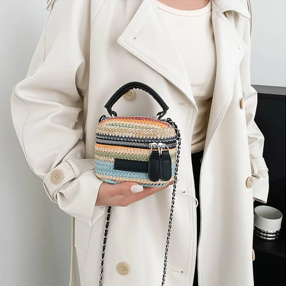 Women's Colorful Straw Crossbody Bag with Chain Strap Stylish Versatile Handbags