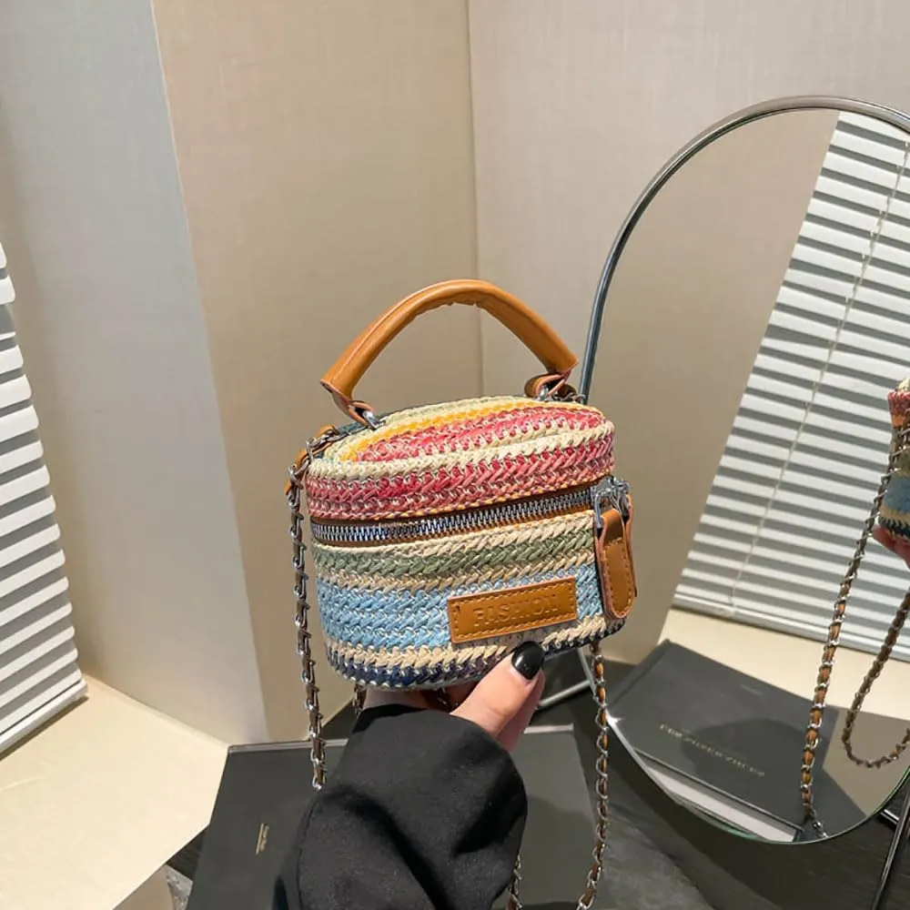 Women's Colorful Straw Crossbody Bag with Chain Strap Stylish Versatile Handbags