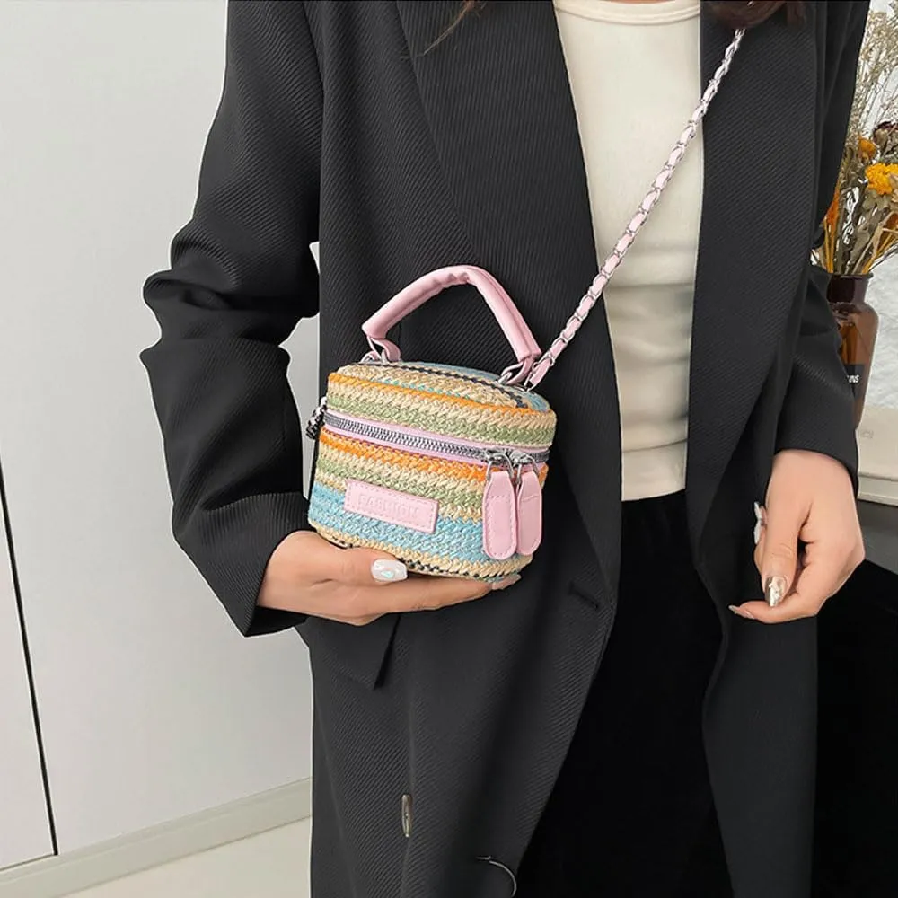 Women's Colorful Straw Crossbody Bag with Chain Strap Stylish Versatile Handbags