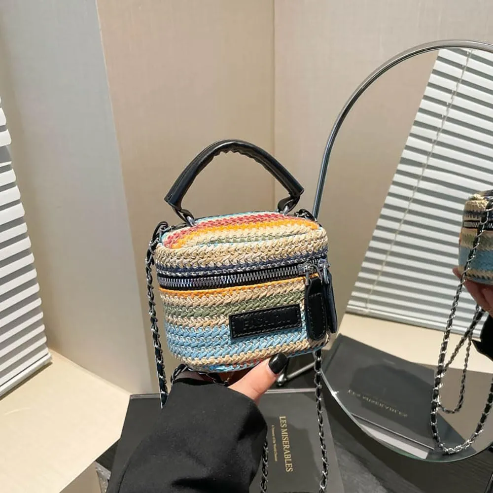 Women's Colorful Straw Crossbody Bag with Chain Strap Stylish Versatile Handbags