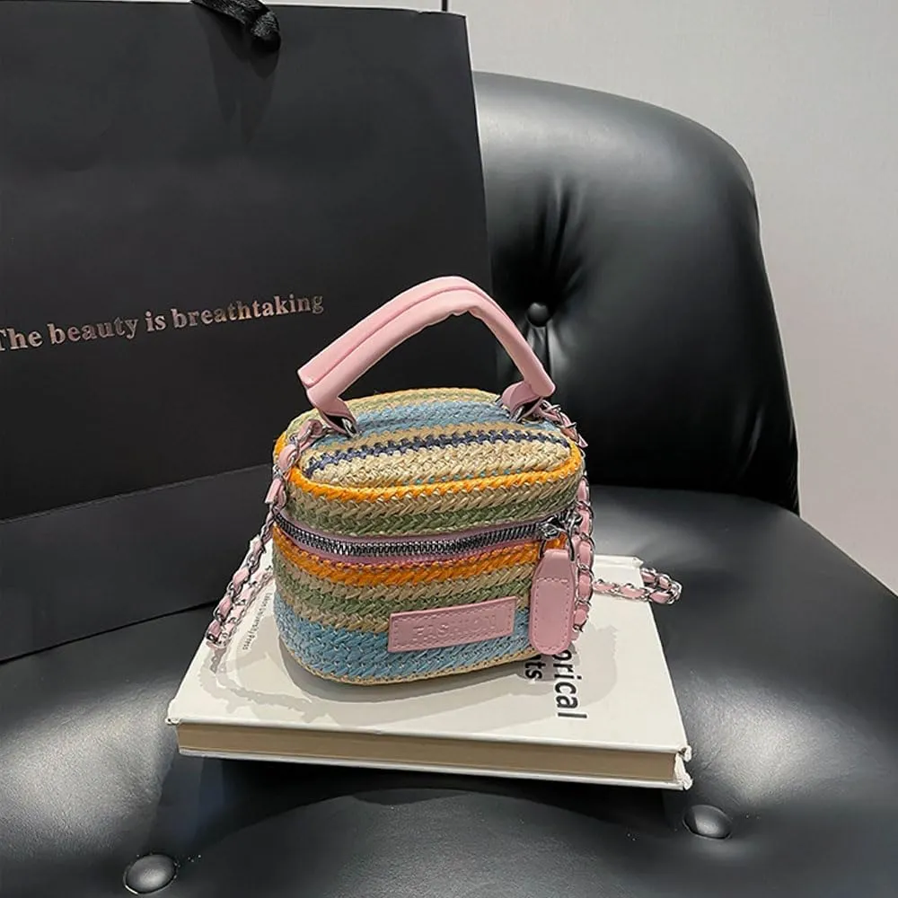 Women's Colorful Straw Crossbody Bag with Chain Strap Stylish Versatile Handbags